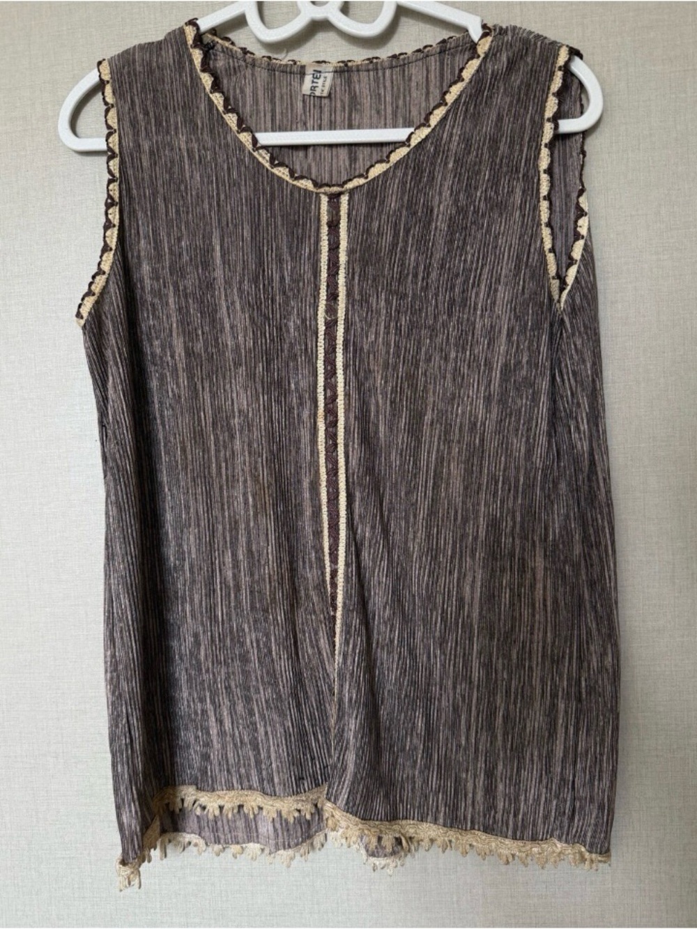 Sleeveless Brown Crinkle Tank with Cream Crochet Trim